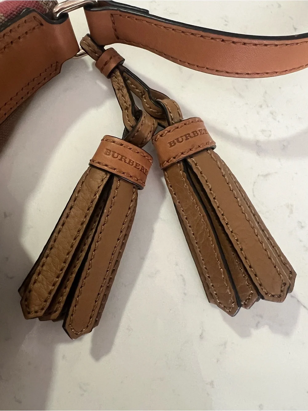 Burberry Beige, Brown and Red Check Crossbody Bag with Leather Trim